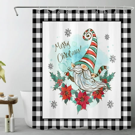 HVEST Merry Christmas Shower Curtain, Snowflake and Cute Gnome on Black and White Plaid Bathroom Shower Curtain Farmhouse Flower Plant Polyester Fabric Decor Curtain with Hooks, 60X72 inch