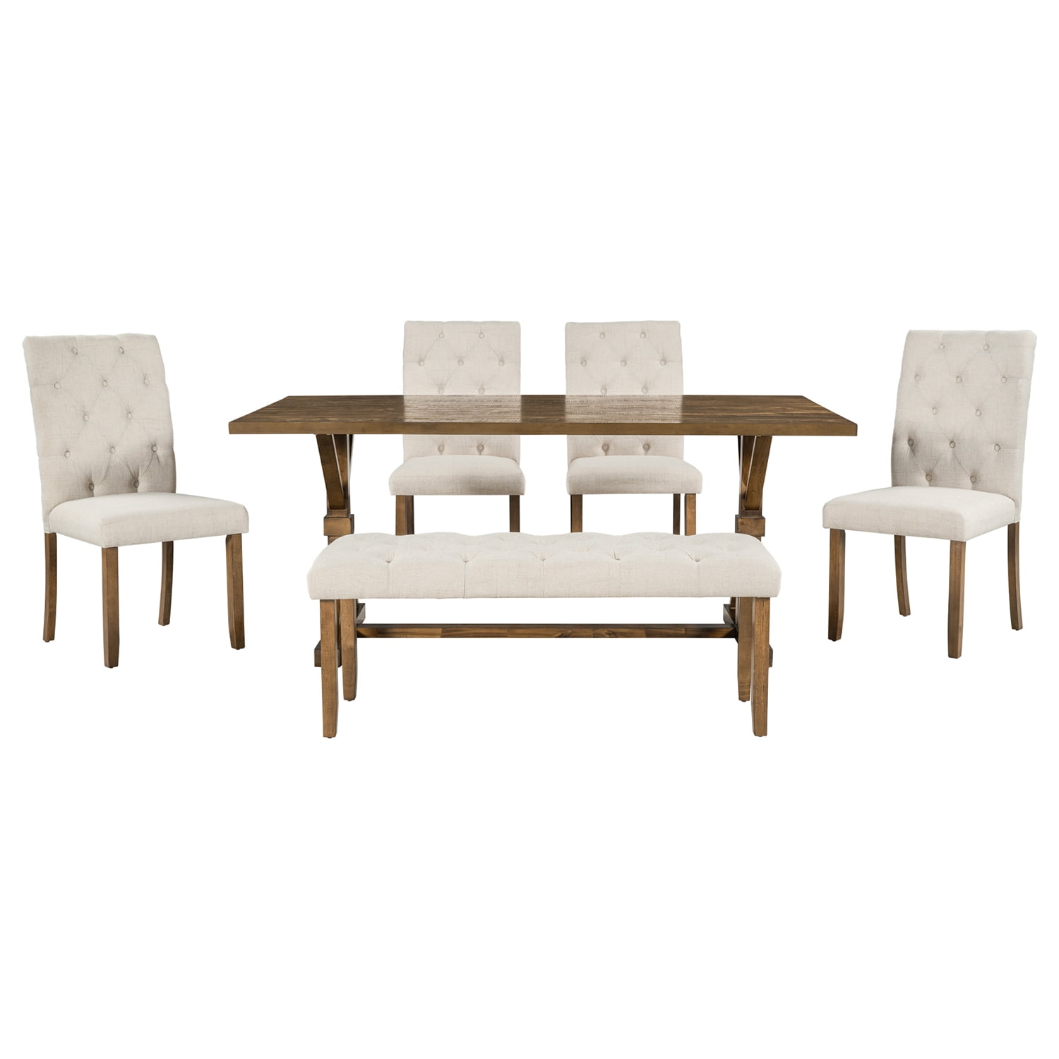 Kadyn 6-Piece Farmhouse Dining Table Set, 72" Wood Rectangular Table for Home Dining Room, 4 Upholstered Dining Chairs with Bench, Walnut