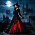 thumbnail image 5 of AoDai Gothic style long-sleeved witch dress with ghost castle print, suitable for Halloween party cosplay (all dress patterns are printed, the dress does not include a petticoat)., 5 of 6