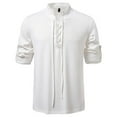 thumbnail image 2 of USNSM Men's Fashion Casual Lace Up Half-Open Collar Shirts Solid Color Retro T-Shirt Breathable Long Sleeve Blouse Tops White L, 2 of 9