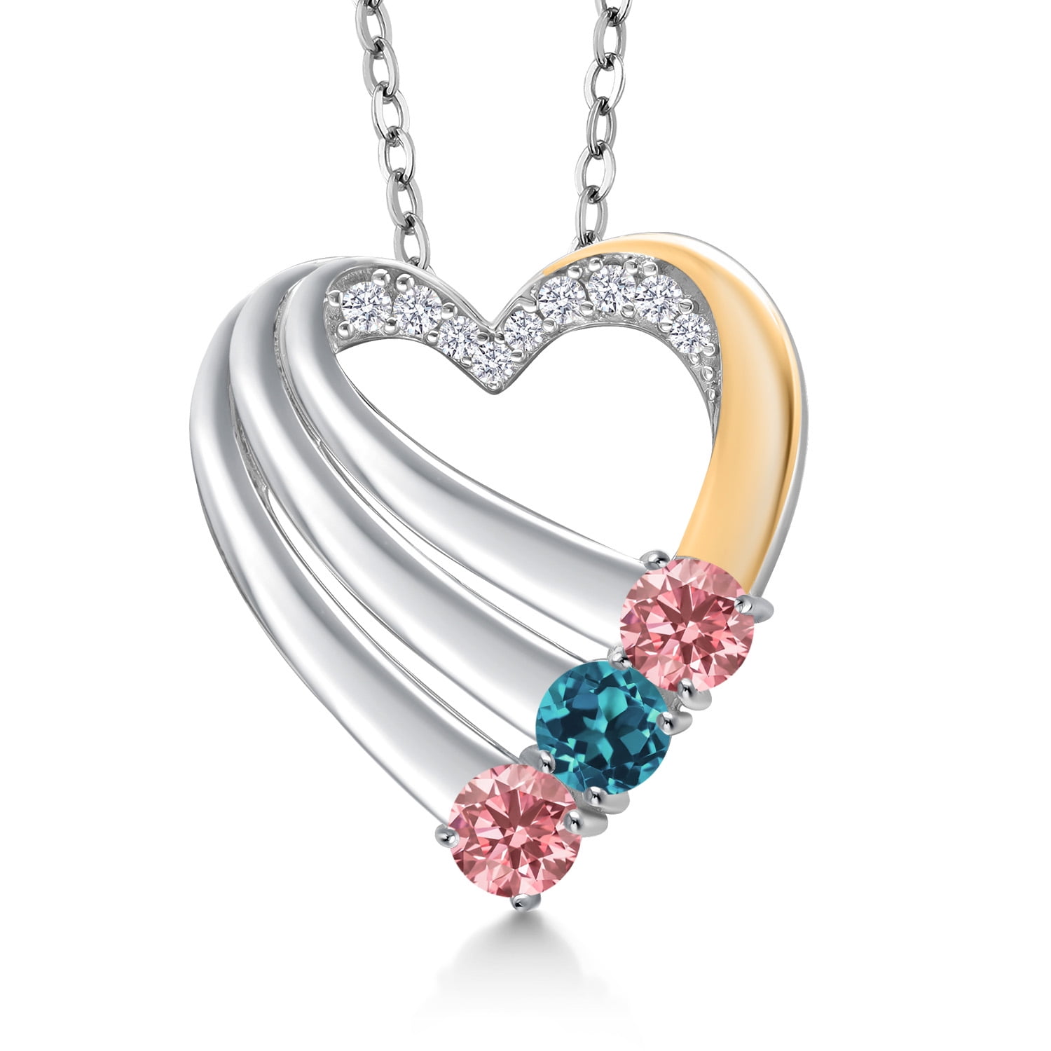 925 Silver and 10K Yellow Gold Pink Lab Grown Diamond and London Blue Topaz and White Lab Grown Diamond Heart Pendant for Women | 0.93 Cttw | Gemstone April Birthstone | With 18 inch Chain
