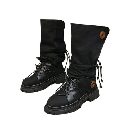 

Woobling Ladies Comfort Tall Booties Lace Up Winter Shoes Driving Buttons Mid Heel Boot Black 4.5