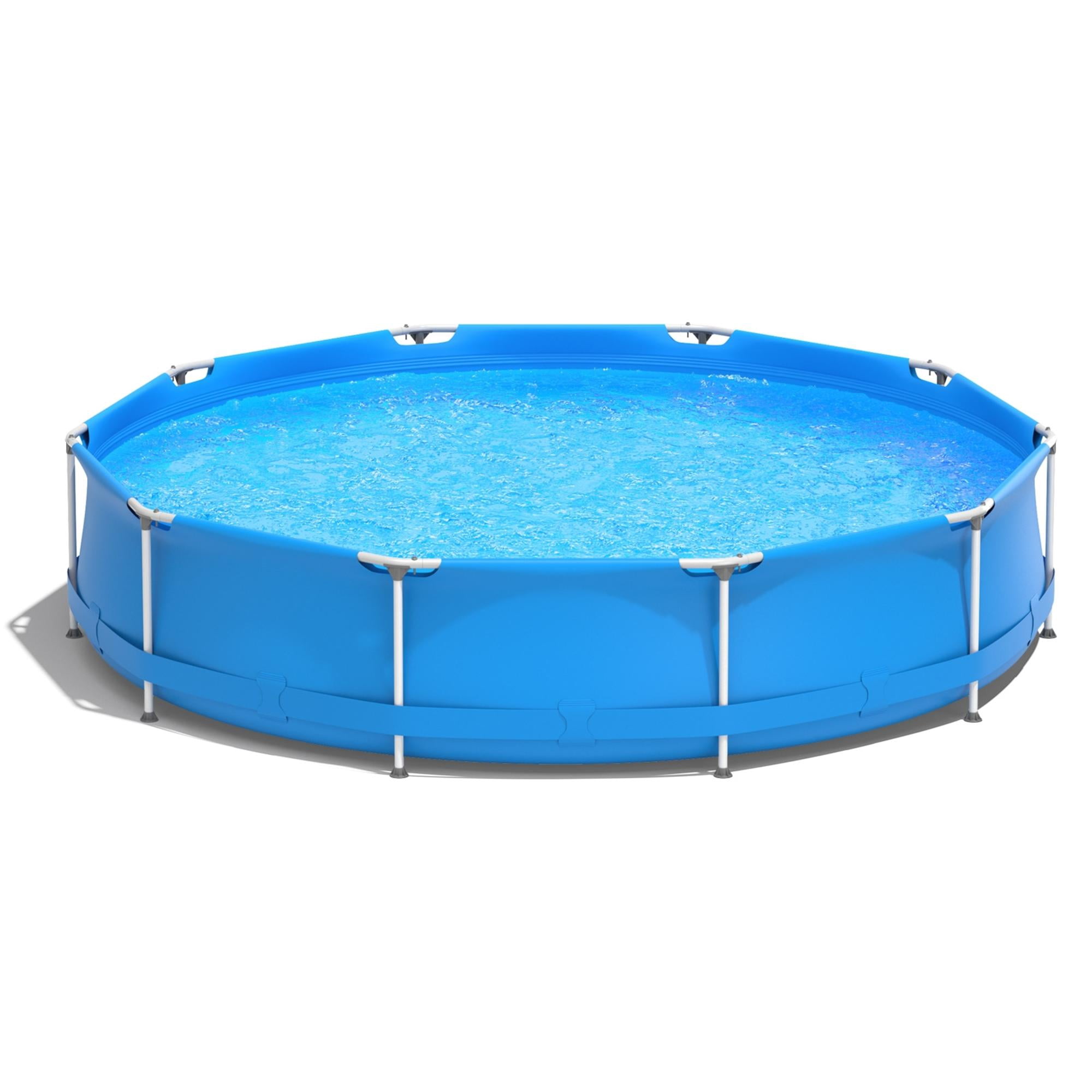 11.8 ft Round Above Ground Swimming Pool with Pool Cover, 3 Layer PVC Sidewall Metal Frame Pool for Backyard, Outdoor Family Pool for 3-4 People, Blue