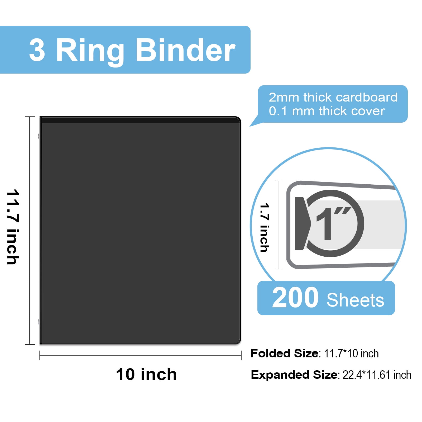 Comix Sturdy 1 inch 3 Ring View Binder, 1" Round Ring,  200 Sheets Paper, 12 Pack Black 2mm-thick cardboard