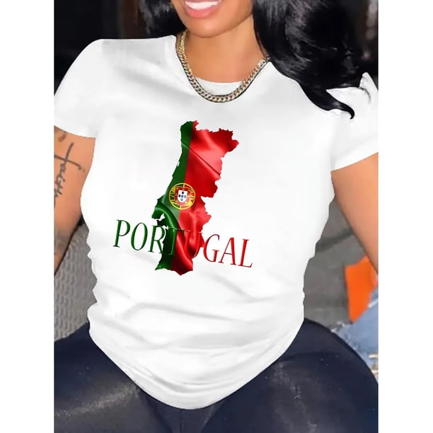 Playera Deportiva Manga Corta Mujer Dry-FitPortugal Flag Graphic Women'S T-Shirt, Casual Crew Neck Short Sleeve Tee, Polyester & Spandex Blend, Medium Stretch Knit Fabric, for All Season Comfort Fit