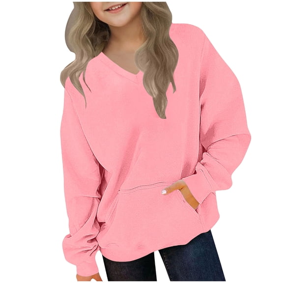 Khunlpohl Kid's Casual Sweatshirts V Neck Long Sleeve Loose Tops Solid Color Fall Winter Clothes with Pockets for Boys Girls