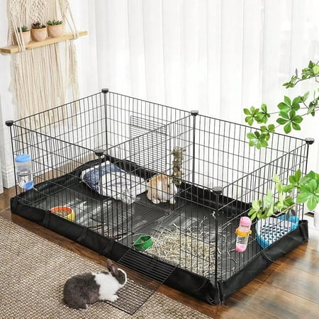 Guinea Pig Cages, Metal Grid Small Animal Playpen With Waterproof Washable Liner, 2 Separate Spaces For Rabbits, Ferrets, Bunnies, Hedgehogs, 48.4 X 24.8 X 18.1 Inches, Black