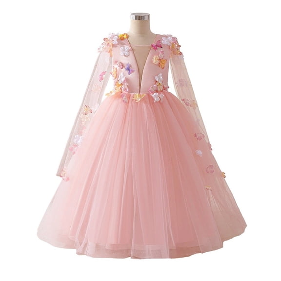 LWavelet Princess Lace Long Sleeve Girls Pageant Dresses Kids Prom Puffy Tulle Ball Gown Girl Dress For Party