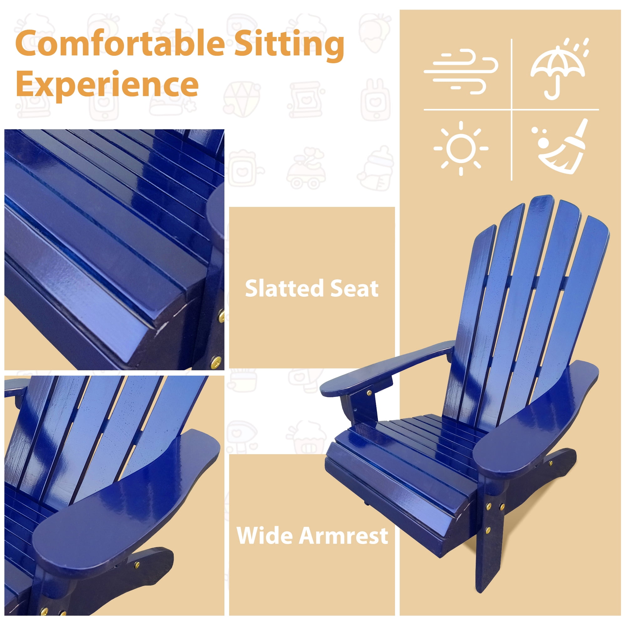 JONPONY Children Outsunny Wooden Adirondack Chair, Ergonomic Design Patio Lawn Chair for Outside Deck Garden Backyard Balcony,Blue