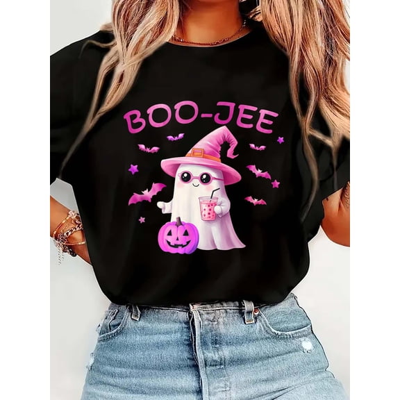 Boo-Jee Ghost - Cute Pink Ghost Halloween DesignCrew Neck Graphic Tee Cotton Women T-Shirt