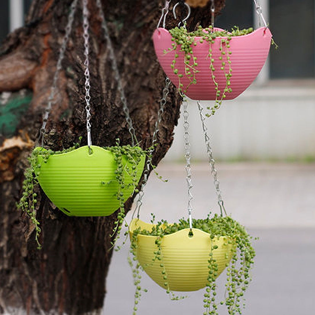 Unique Bargains Pink Plastic Hanging Flower Pot Chain Plant Planter