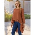 thumbnail image 3 of DARING DIVA Women's High Low Lantern Sleeve Round Neck Chiffon Blouse S Light Brown, 3 of 7