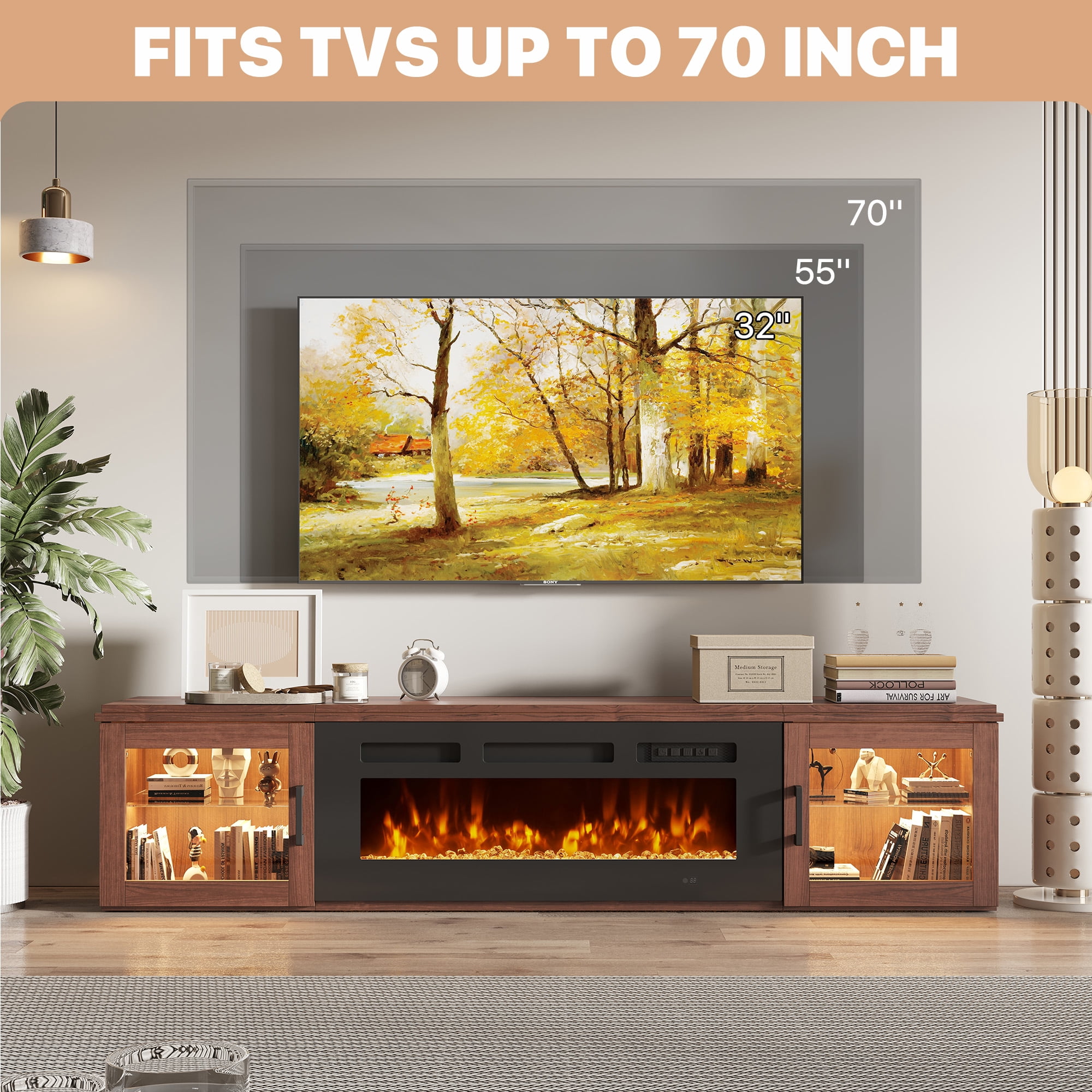 BaPiPro 70" Floating TV Stand for TVs up to 80", Wall Mounted Entertainment Center with 36" Electric Fireplace Heater, LED Lights, Brown