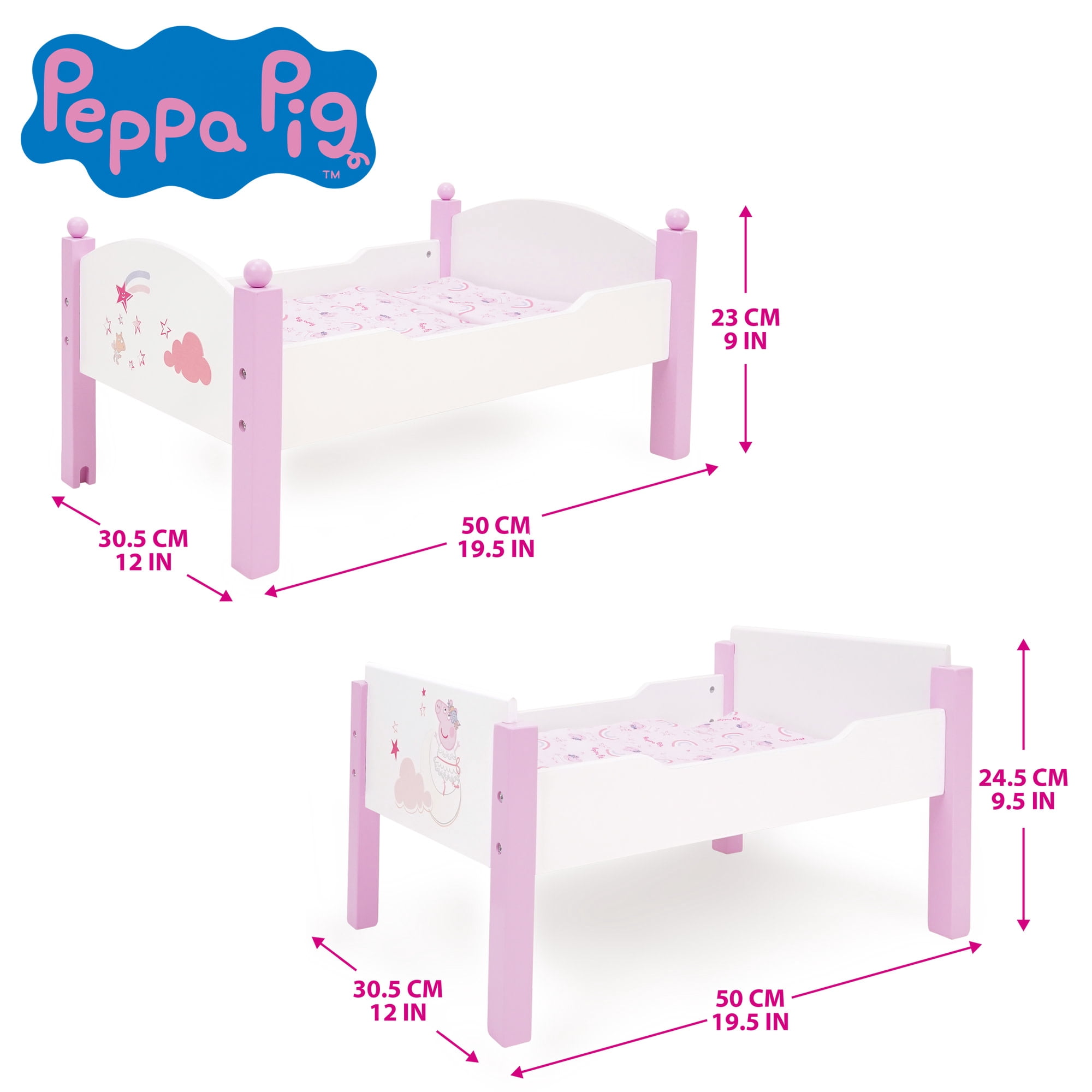 509 Crew: Peppa Pig - Wooden Doll Bunk Bed - Pink & White, Convertible to Single Beds, Blankets & Pillows, Doll & Plush Sleep Accessory Toy, Kids 3+