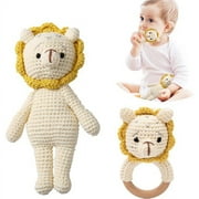 2PC Wooden Baby Lion Rattle & Crochet Doll Plush Stuffed Lion Animals Toy for Newborn Baby 3-6 Months | 100% Handmade Infant Soothe Toys for Sensory and Early Grips Development