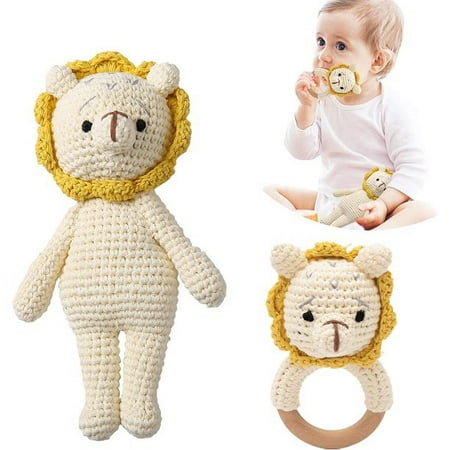 2PC Wooden Baby Lion Rattle & Crochet Doll Plush Stuffed Lion Animals Toy for Newborn Baby 3-6 Months | 100% Handmade Infant Soothe Toys for Sensory and Early Grips Development