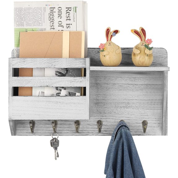 Rustic Floating Shelf Wall-Mounted Wooden Mail Sorter With 6 Key Hooks