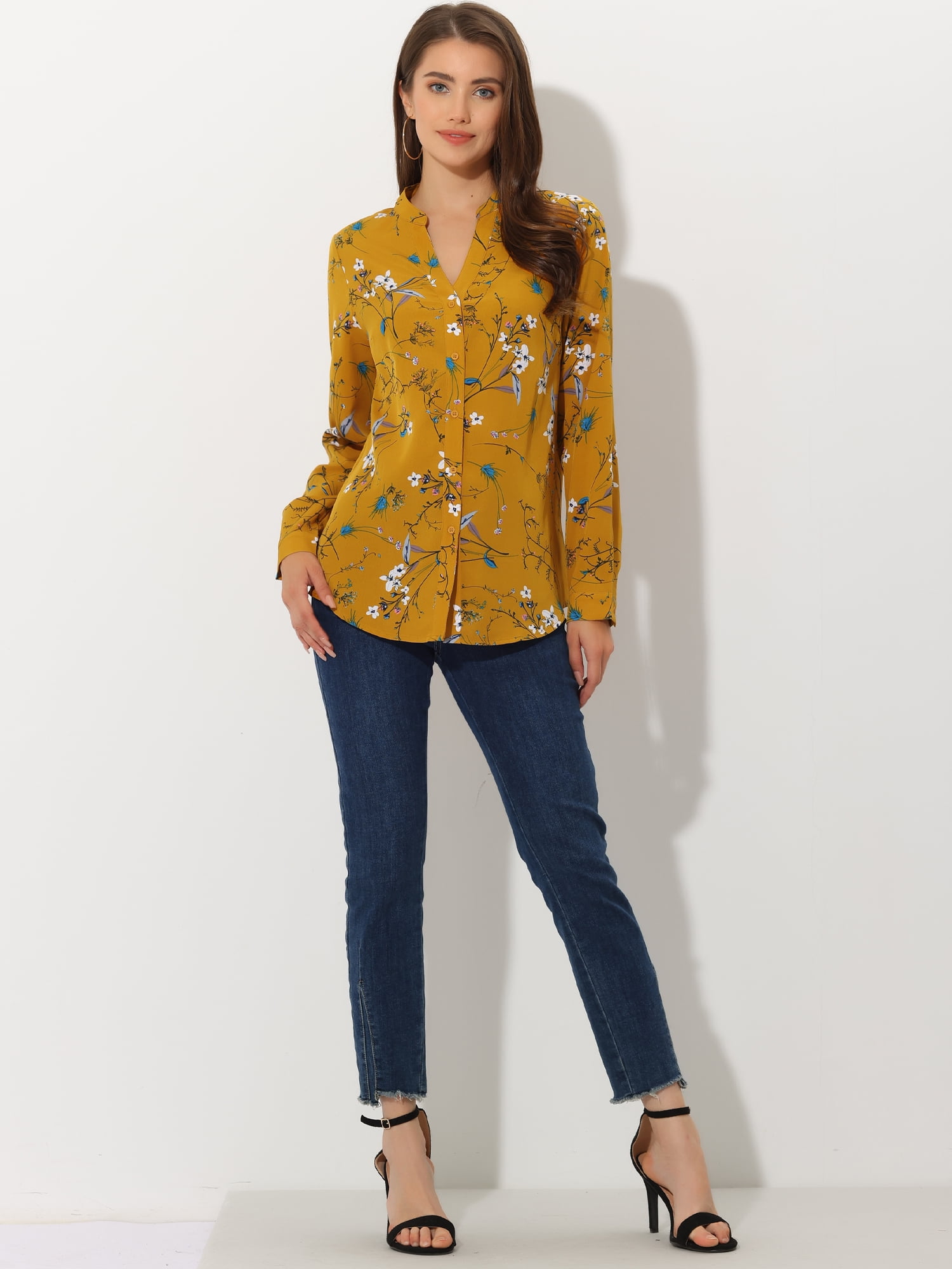 DARING DIVA Women's V Neck Tunic Top Button Up Blouse XL Yellow