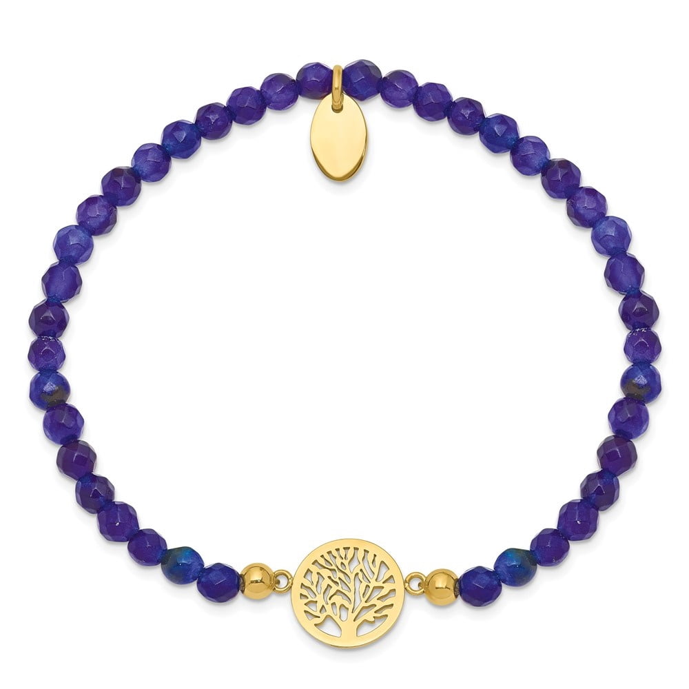 Diamond2Deal Stainless Steel Yellow IP-Plated Tree of Life 4mm Blue Jade Beaded Stretch Bracelet for Women 6.5"