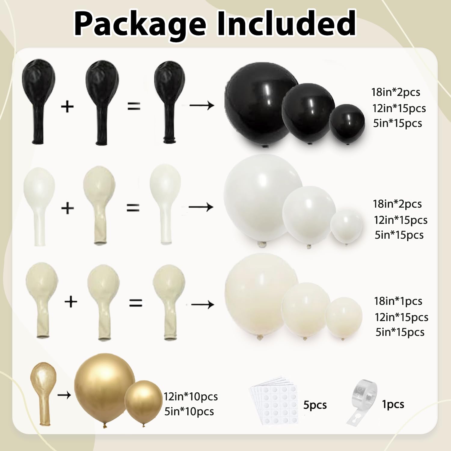 Black White Gold Balloon Arch Kit,Double Stuffed Pearl Sand White Balloon Garland Different Sizes 18/12/5 Inch Chrome Cream Balloons for Graduation Wedding Birthday Bachelorette Party Decorations