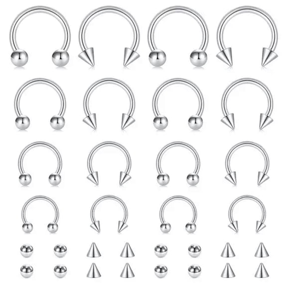 K-KED 16pcs Steel Nose Ring Set CBR Horseshoe Septum Lip Hoop Tragus Piercing Jewelery-Silver