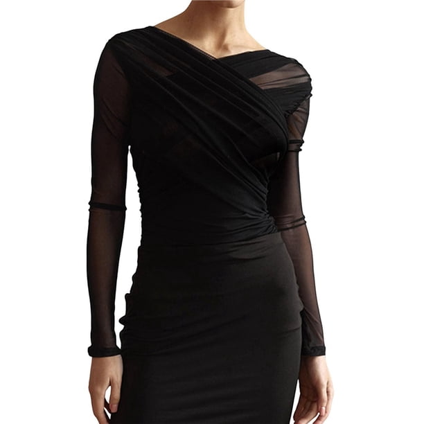 Blusas de Fiesta para Mujer, Modernas, con Escote en V, Larga, de Transparente y Fruncida. Negro S