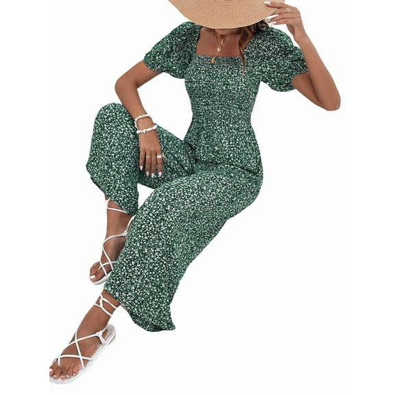 2025 Fashion Women'S Summer Jumpsuit Floral Casual Loose Wide Leg Short Sleeve Bodysuit Set Green L