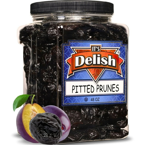 Dried Pitted Prunes Unsweetened by It's Delish, 3 Lbs Jumbo Container  Naturally Sweet, No Sugar Added, High Fiber Dried Fruit Snack  Healthy, Moist and Fresh Dry Plums  Vegan, Kosher