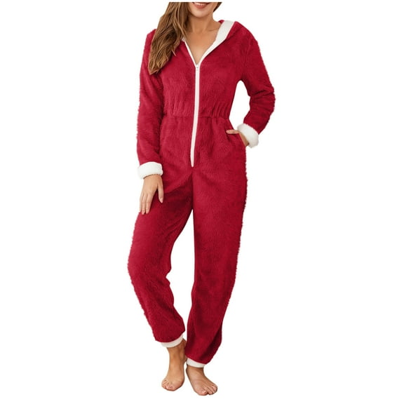 RQYYD Women's Fleece Non-Footed One Piece Onesie Adult Hooded Pajamas Ladies Jumpsuit
