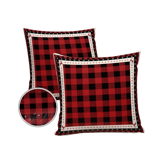 Pack of 2 Outdoor Pillow Covers, Christmas Red Black Buffalo Plaid Waterproof Square Throw Pillowcase Cushion Decorative Pillow Covers for Couch Patio Tent, 16x16 in