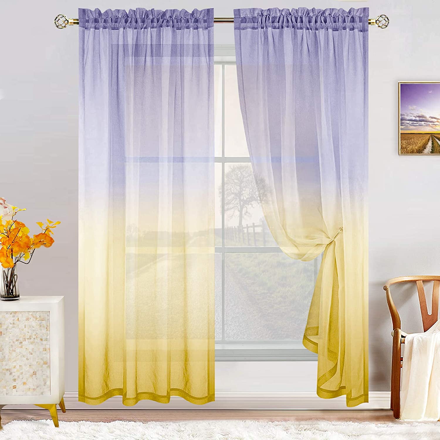 Details about   Set 2 Sheer Yellow Purple Ombre Fade Curtains Panels Drapes Pair 63 72 84 inch L 