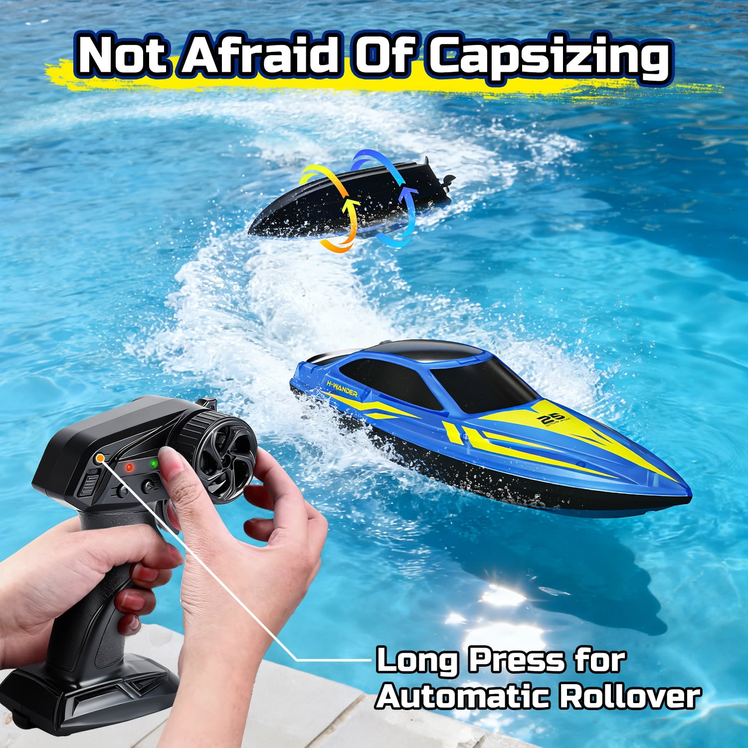 JoyStone 10 Inch RC Boat with 7-Mode Colorful LED Lights, 3 Speed Modes, 2 Batteries 60Mins, Pool Toys for Adults & Kids