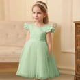 thumbnail image 3 of Girls Dresses Ruffle Sleeve Green Dress V-Back with Big Bow Tutu for Girls Kindergarten Graduation 5-6 Years, 3 of 7