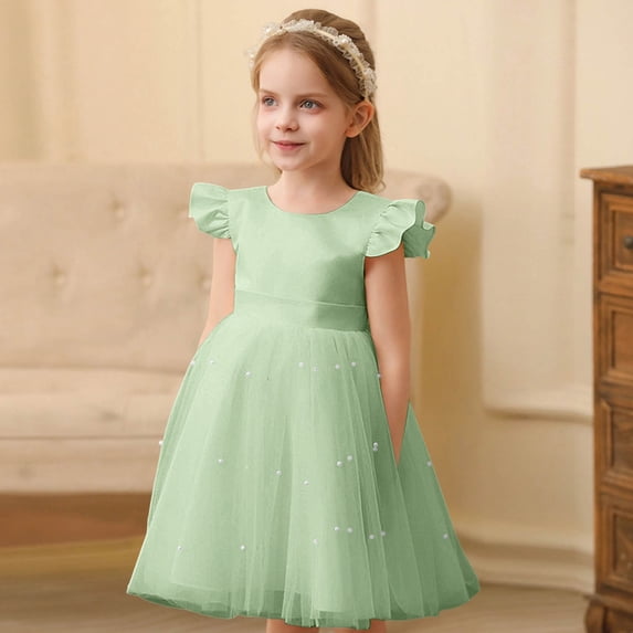 Flower Girl Dress Kids Green Tulle Wedding Guest Party Birthday Bridesmaid Communion Pageant Prom Ball Gown Kids Ceremony Party Gift 7-9 Years