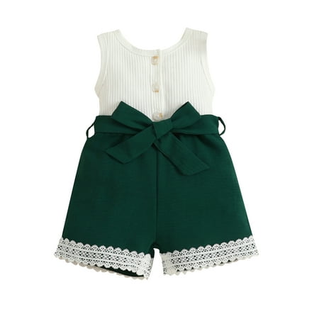 

One opening Baby Girl Summer Shorts Jumpsuit Ribbed Contrast Color Sleeveless Romper Pants with Belt for Toddler Infant Kids