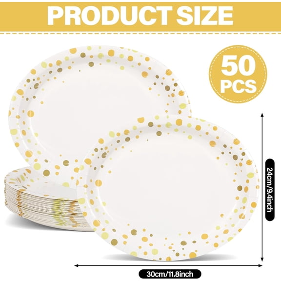 YUYAN-50Pcs White and Gold Party Supplies Large Gold Dot on White Paper Plates Oval Dinner Plates Disposable Party Tableware for Birthday Decorations Graduation Baby Showers Wedding Holiday Anniversa