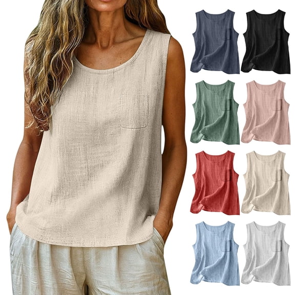 Helii Women's Cotton Linen Casual Sleeveless Tank Top Basic Summer Layering Cami Top