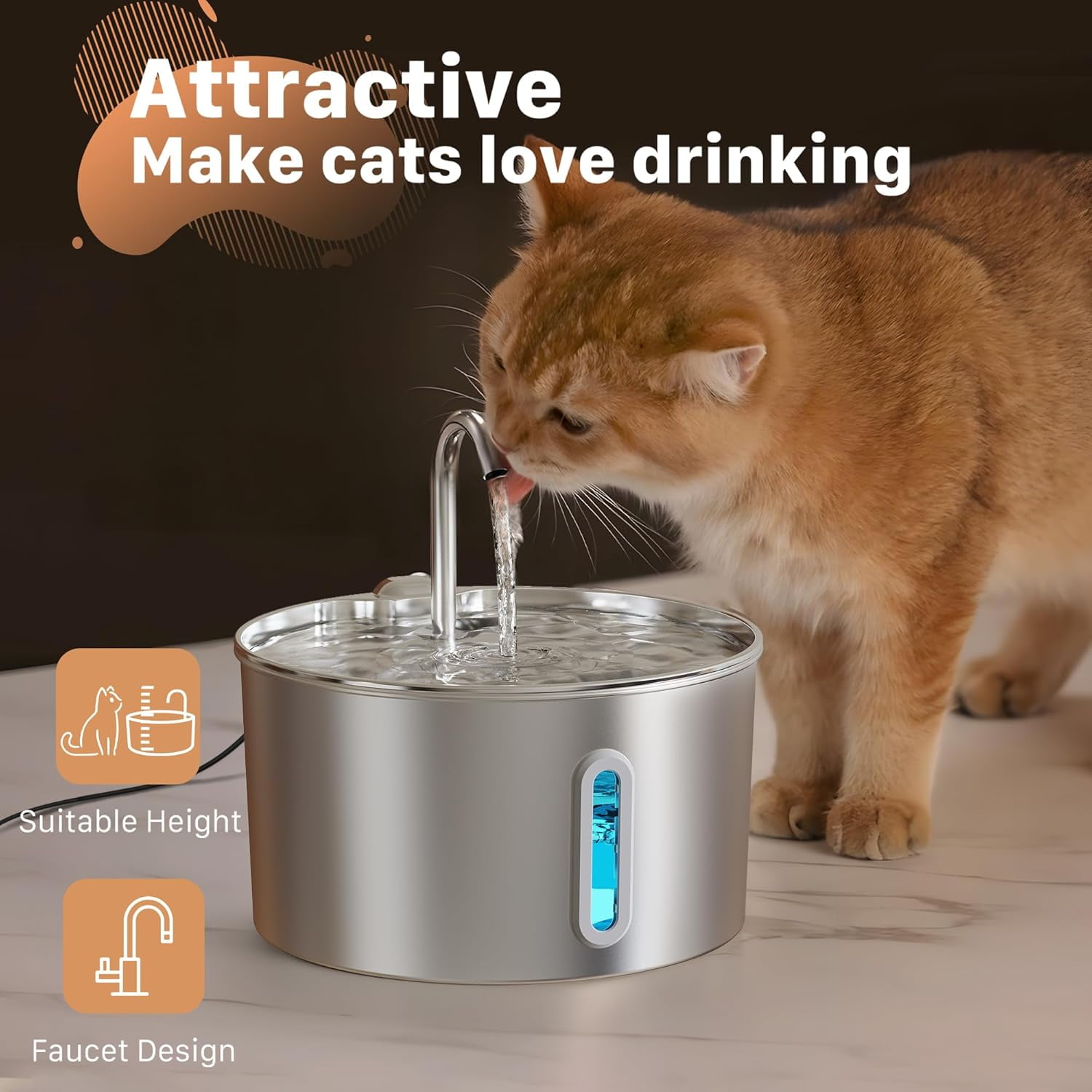 2.2L Stainless Steel Cat Water Fountain with Ultra Quiet Pump, Automatic Pet Drinking Fountain with Water Level Window and Faucet