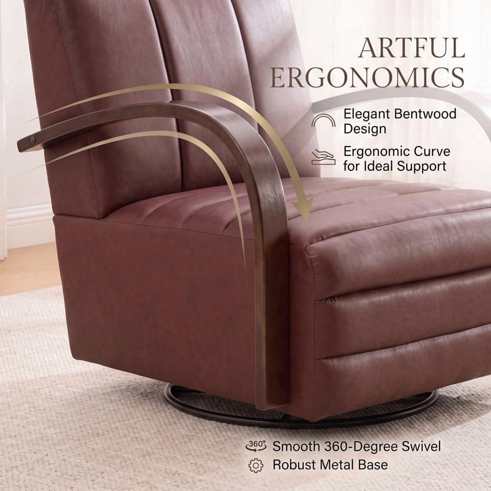 Gewnee Accent Chair, 360°Swivel Upholstered Reading Chair,Modern Armchair for Living Room, Bedroom & Home Office, Brown