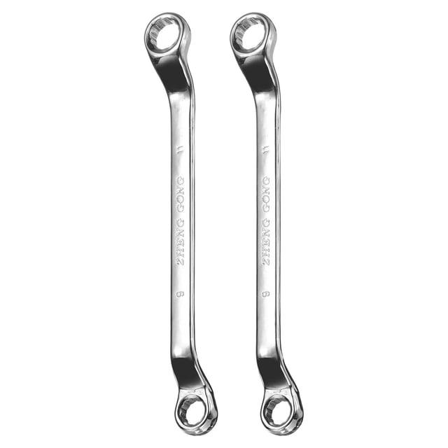 Juego de 2 llaves de extremo de caja con desplazamiento de 45 grados 9mmx11mm, 12 puntos, de acero aleado con acabado de cromo espejo, llaves dobles de grado industrial para reparación