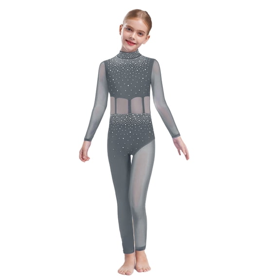TTAO Kids Girls Full Body Dance Unitards Ballet Gymnastics Clothes Mesh Splice Figure Skating Jumpsuit Grey 16
