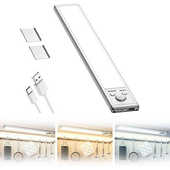 Motion Light, USB-C Rechargeable Under Cabinet Lighting Wireless 3 Color Temperatures Dimmable Magnetic LED Lights for Kitchen, Wardrobe, Stairs, Closet