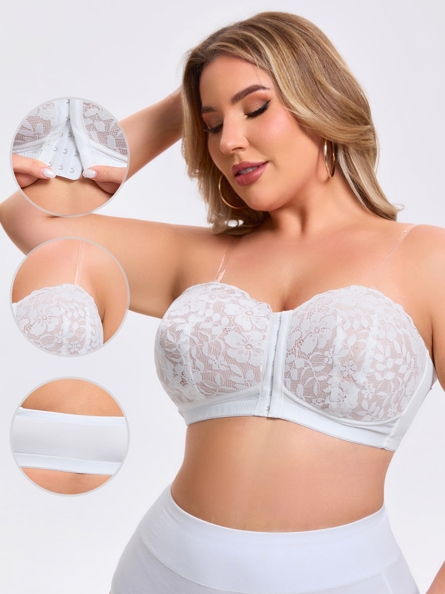 DARING DIVA Women's Lace Tube Front Closure Push Up Padded Underwire Bra 5XL White Beige