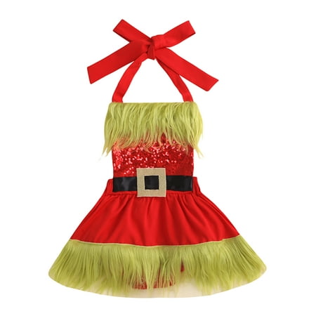 

Multitrust Christmas Kids Sequin Dress Neck Hanger Plush Collar Backless Dress