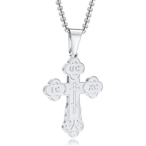 Men's Orthodox Cross Pendant Necklace - Trendy Religious Cross Chain,Hypoallergenic Waterproof Stainless Steel Christian Long Necklaces,Non Tarnish Byzantine Cross Symbol Pendants Necklace for Him