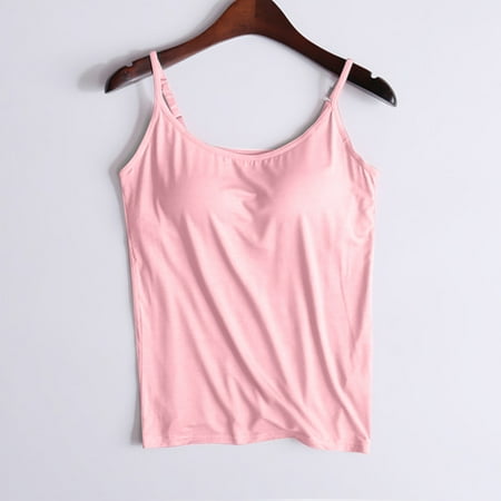 JingHai Women Camisole with Built in Bra  Womens Adjustable Spaghetti Strap Cami Tanks Basic Padded Comfy Yoga Tops Pink L