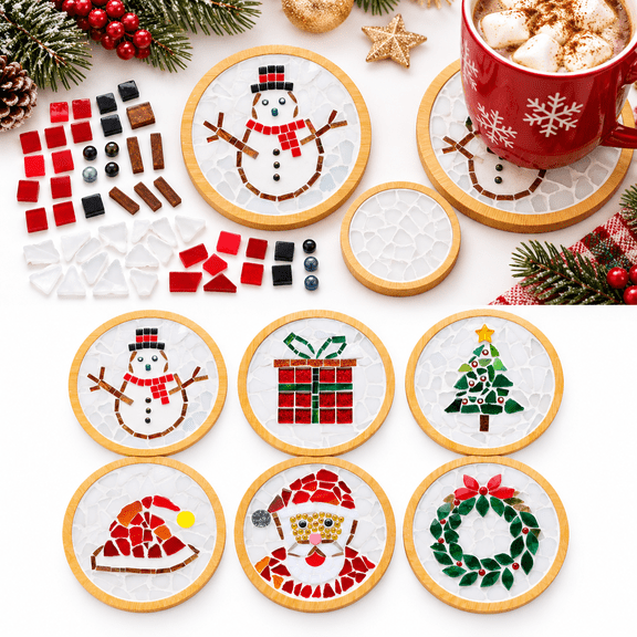 DIY Mosaic Christmas Coaster Kit, Festive Holiday Coaster Craft with Colorful Mosaic Style for Table Decor and Handmade Gift, Wreath