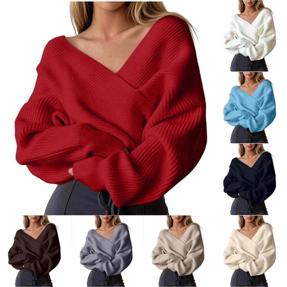 FRSASU Women's off the Shoulder Sweaters V-Neck Long Sleeve Slim Fit Ribbed Knit Fall Trendy Elegant Crop Tunic Pullover Tops White
