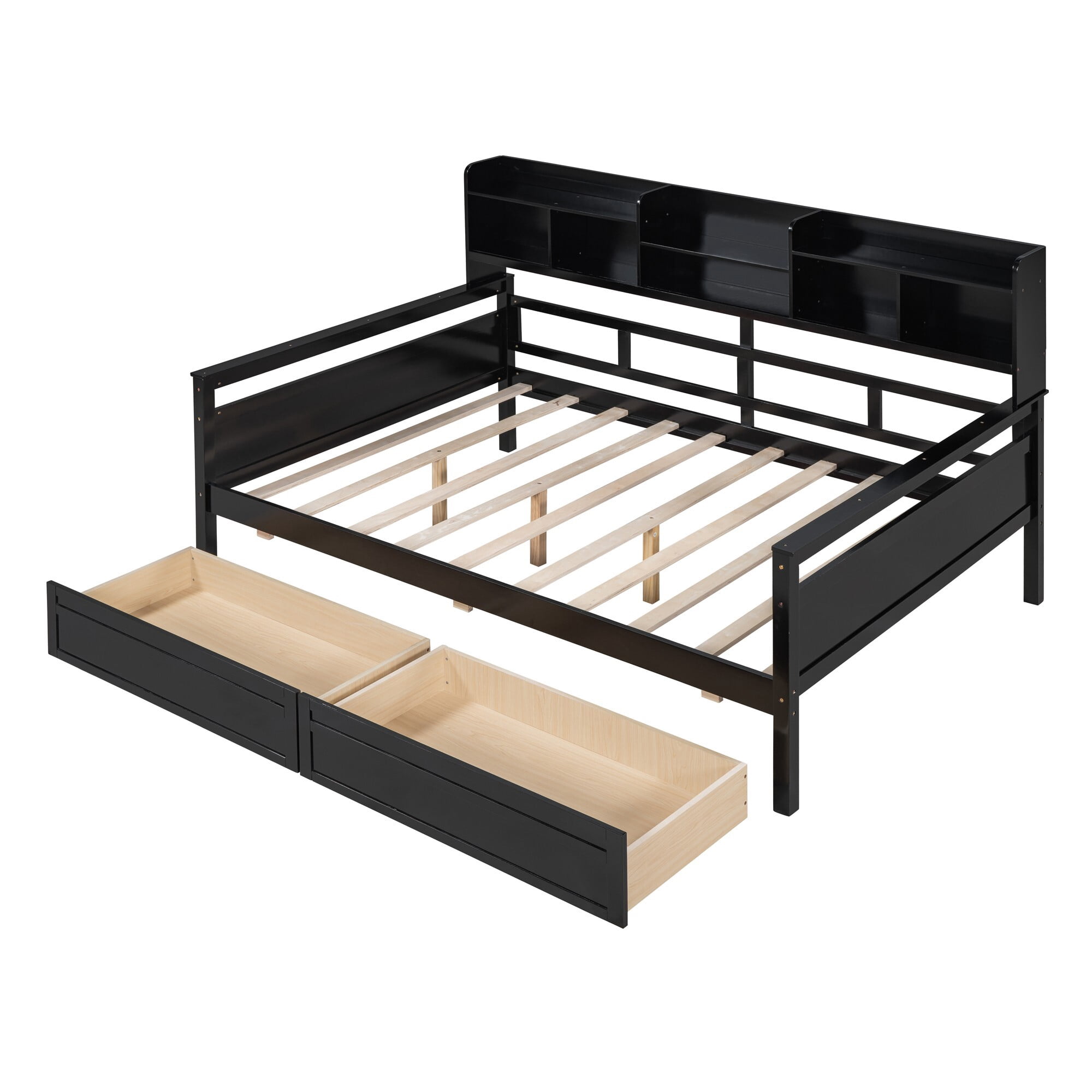 AENKYO Full Size Wooden Daybed Bed Frame with 2 Storage Drawers and Headboard Shelf, Solid Wood Sofa Bed, Black