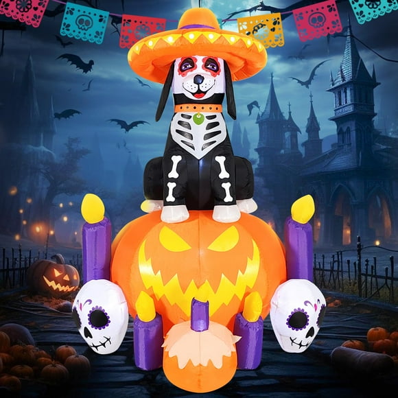 DomKom Decoraciones inflables para Halloween, Día de Los Muertos, perro Catrina de 6 pies con calabaza y velas, LED incorporados para fiestas navideñas, jardín, césped, patio, decoración de patio